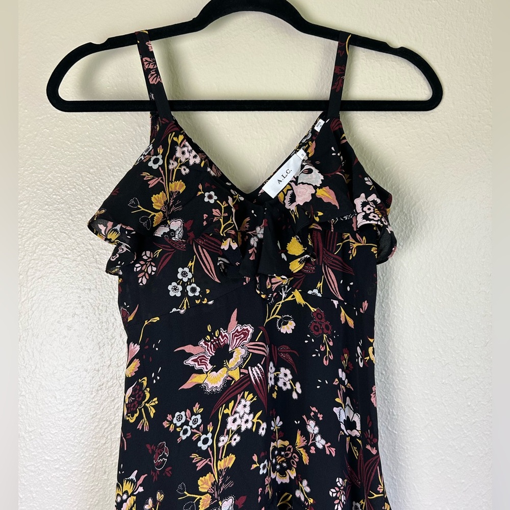 A.L.C. Zaydena Floral Silk Maxi Dress Black Floral Print Ruffle Spaghetti Strap - Picture 5 of 10